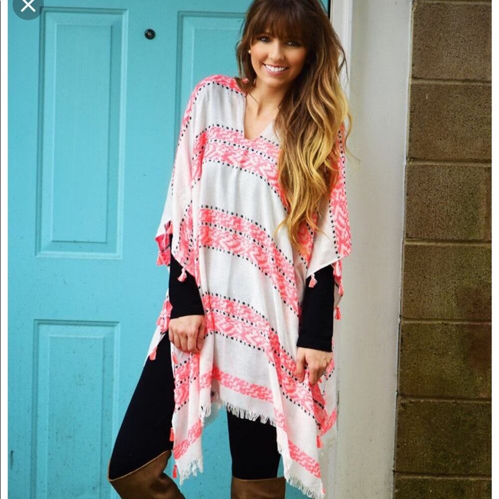 Hope's White Pink Coral Stripe Boutique Poncho